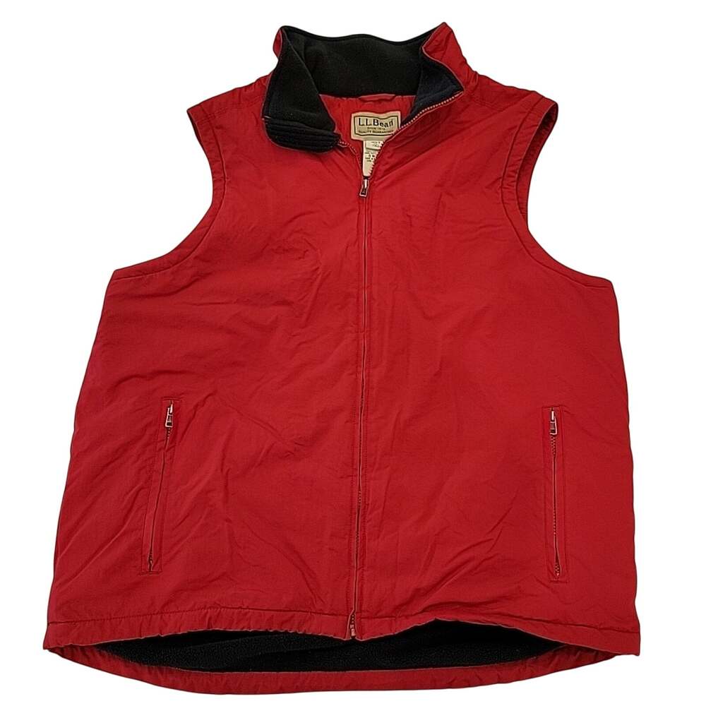 LL Bean Vest Mens Red Nylon Fleece Lined Full Zip Pockets Jacket EUC XL Tall